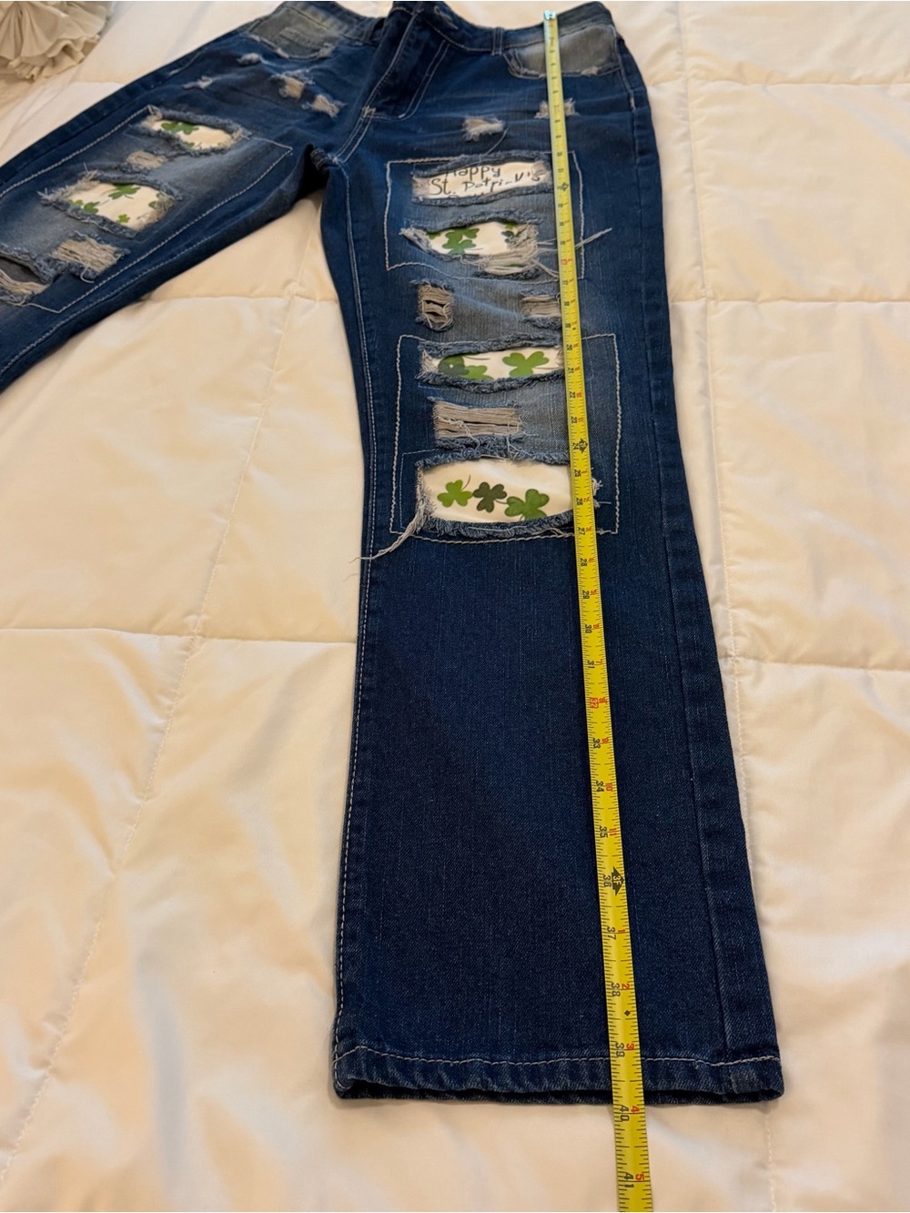 Dark Blue Distressed Women's Jeans with Shamrock Patch Detail - Picture 5 of 9